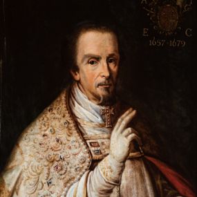 Zdjęcie nr 1: Biskup ukazany do pasa, w trzech czwartych, zwrócony w lewo, z prawą ręką wzniesioną w geście błogosławieństwa. Jest ubrany w humerał pod szują, komżę o szerokich rękawach, wzorzystą kapę i rękawiczki. W prawym, górnym narożu owalna tarcza czteropolowa z godłami herbów Łabędź, Ostoja, Jelita i Larysz. Wokół tarczy labry, mitra, infuła, miecz i pastorał oraz kapelusz. Obok litery A(NDREAS) T(RZEBICKI) /E(PISCOPUS) C(RACOVIENSIS) i daty 1657-1679”. Na odwrociu napis: „KOPIA / Z KOŚCIOŁA / X.X. FRANCISZKANÓW / W KRAKOWIE / R. 1882 / L. L.”. 