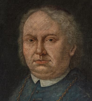 Zdjęcie nr 2: Biskup zwrócony trzy czwarte w prawo, ukazany w półpostaci. Twarz pełna z wyraźnie zaznaczonym podbródkiem, małe oczy, prosty nos i wąskie usta. Włosy siwe, bujne, średniej długości. Biskup ubrany jest w rokietę, niebieski mucet i fioletową piuskę. Na szyi ma zawieszony krzyż pektoralny, który ujmuje palcami prawej dłoni. Tło jednolite, czarne. W lewym, górnym narożu obrazu tarcza  z godłem herbu Junosza, oznakami godności (infuła, mitra, pastorał, miecz) i syglami „C[ONSTANTINUS] S[ZANIAWSKI] / E[PISCOPUS] C[RACOVIENSIS] / 1720-1732.”. Na odwrociu napis: „KOPIA / Z KOŚCIOŁA / XX FRANCISZKANÓW / W KRAKOWIE / 1883 R[OK] / L.L.”