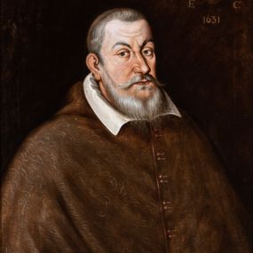 Zdjęcie nr 1: Obraz ukazuje biskupa w mucecie z białym kołnierzem, do pasa, w trzech czwartych. W lewym górnym rogu godło herbu Grabie ze skrzyżowanym mieczem, pastorałem, infułą i krzyżem z literami A(NDREAS) L(IPSKI) E(PISCOPUS) C(RACOVIENSIS) I datą 1631. 