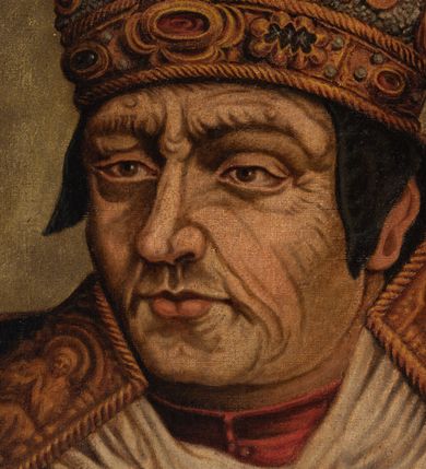 Zdjęcie nr 2: Popiersie biskupa Jana Latalskiego, zwróconego trzy czwarte w prawo z prawą ręką wzniesioną w geście błogosławieństwa. Twarz szeroka i pokryta licznymi zmarszczkami, oczy wąskie, nos długi. Biskup ubrany jest w czerwoną sutannę, zielony ornat, humerał, infułę oraz białe rękawice, na szyi na zawieszony krzyż pektoralny. Ornat zdobiony we wzorzystą i złoconą dekorację roślinną, a infuła ornamentem rocaille’owym oraz szlachetnymi kamieniami. Tło jednolite, jasnobrązowe. W lewym, górnym narożu obrazu tarcza zwieńczona infułą z godłem herbu Prawdzic oraz syglami „I[OANNES] L[ATALSKI] / E[PISCOPUS] C[RACOVIENSIS]” i datami „1535-1537”. Na odwrociu napis: „I(OANNES) LATALSKI / E(PISCOPUS) C(RACOVIENSIS) / KOPIA / Z KOŚCIOŁA / X.X. FRANCISZKANÓW / W KRAKOWIE / R(OKU) 1883. / L. L.” oraz karteczka z nadrukiem: „Ze zbiorów kardynała Albina Dunajewskiego”. Rama drewniana i profilowana. 