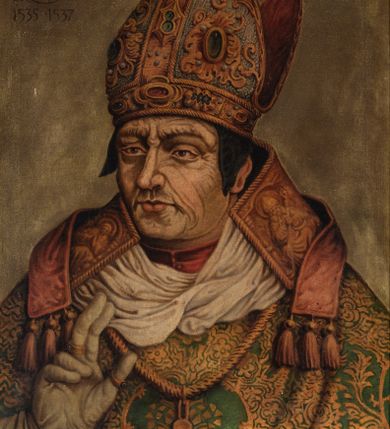 Zdjęcie nr 1: Popiersie biskupa Jana Latalskiego, zwróconego trzy czwarte w prawo z prawą ręką wzniesioną w geście błogosławieństwa. Twarz szeroka i pokryta licznymi zmarszczkami, oczy wąskie, nos długi. Biskup ubrany jest w czerwoną sutannę, zielony ornat, humerał, infułę oraz białe rękawice, na szyi na zawieszony krzyż pektoralny. Ornat zdobiony we wzorzystą i złoconą dekorację roślinną, a infuła ornamentem rocaille’owym oraz szlachetnymi kamieniami. Tło jednolite, jasnobrązowe. W lewym, górnym narożu obrazu tarcza zwieńczona infułą z godłem herbu Prawdzic oraz syglami „I[OANNES] L[ATALSKI] / E[PISCOPUS] C[RACOVIENSIS]” i datami „1535-1537”. Na odwrociu napis: „I(OANNES) LATALSKI / E(PISCOPUS) C(RACOVIENSIS) / KOPIA / Z KOŚCIOŁA / X.X. FRANCISZKANÓW / W KRAKOWIE / R(OKU) 1883. / L. L.” oraz karteczka z nadrukiem: „Ze zbiorów kardynała Albina Dunajewskiego”. Rama drewniana i profilowana. 