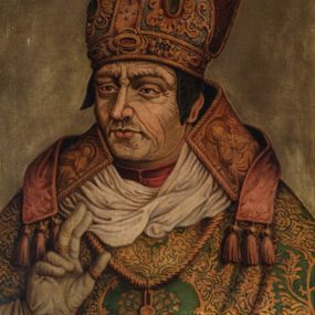 Zdjęcie nr 1: Popiersie biskupa Jana Latalskiego, zwróconego trzy czwarte w prawo z prawą ręką wzniesioną w geście błogosławieństwa. Twarz szeroka i pokryta licznymi zmarszczkami, oczy wąskie, nos długi. Biskup ubrany jest w czerwoną sutannę, zielony ornat, humerał, infułę oraz białe rękawice, na szyi na zawieszony krzyż pektoralny. Ornat zdobiony we wzorzystą i złoconą dekorację roślinną, a infuła ornamentem rocaille’owym oraz szlachetnymi kamieniami. Tło jednolite, jasnobrązowe. W lewym, górnym narożu obrazu tarcza zwieńczona infułą z godłem herbu Prawdzic oraz syglami „I[OANNES] L[ATALSKI] / E[PISCOPUS] C[RACOVIENSIS]” i datami „1535-1537”. Na odwrociu napis: „I(OANNES) LATALSKI / E(PISCOPUS) C(RACOVIENSIS) / KOPIA / Z KOŚCIOŁA / X.X. FRANCISZKANÓW / W KRAKOWIE / R(OKU) 1883. / L. L.” oraz karteczka z nadrukiem: „Ze zbiorów kardynała Albina Dunajewskiego”. Rama drewniana i profilowana. 