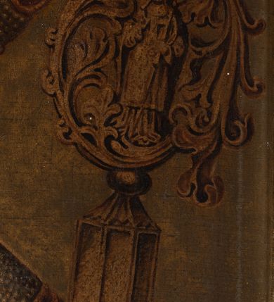 Zdjęcie nr 4: Biskup zwrócony jest trzy czwarte w prawo z prawą ręką, w której trzyma otwartą księgę; a w lewej dzierży pastorał. Twarz szeroka, oczy wąskie i migdałowe, nos szeroki, wyraźne i półkoliste łuki brwiowe, delikatny zarost. Biskup ubrany jest albę, złoty ornat, humerał, infułę. Tło jednolite, szaro-brązowe. W lewym, górnym narożu obrazu tarcza ujęta labrami i infułą z godłem herbu Nowina oraz literami „P[ILIPUS] P[ADNIEWSKI] / E(PISCOPUS) C(RACOVIENSIS)”. Na odwrociu napis: „KOPIA / Z KOŚCIOŁA / X.X. FRANCISZKANÓW / W KRAKOWIE / R. 1883. / L. L.” oraz karteczka z napisem: „ZE ZBIORÓW / KARD. ALBINA / DUNAJEWSKIEGO”. Rama drewniana i profilowana. 