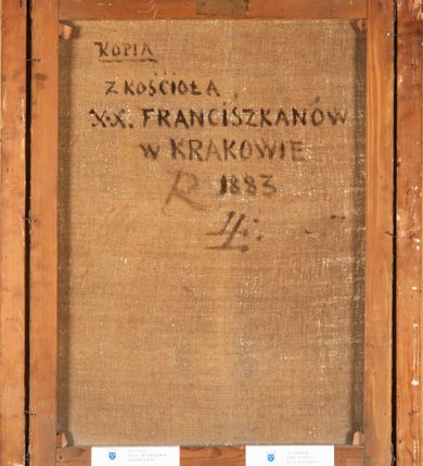 Zdjęcie nr 7: Biskup zwrócony jest trzy czwarte w prawo z prawą ręką wzniesioną w geście błogosławieństwa, w lewej trzyma pastorał w formie krzyża. Twarz szeroka i pokryta licznymi zmarszczkami, oczy wąskie, nos długi i orli. Biskup ubrany jest albę, ornat, humerał, infułę oraz złote rękawice, na szyi na zawieszony krzyż pektoralny. Tło jednolite, jasnobrązowe. W lewym, górnym narożu obrazu tarcza ujęta labrami i zwieńczona infułą z godłem herbu Sulima oraz literami „P[ETRUS] G[AMRAT] / E(PISCOPUS) C(RACOVIENSIS)” i daty „1538-1545”. Na odwrociu napis: „KOPIA / Z KOŚCIOŁA / X.X. FRANCISZKANÓW / W KRAKOWIE / R. 1882. / L. L.” oraz karteczka z napisem: „ZE ZBIORÓW / KARD. ALBINA / DUNAJEWSKIEGO”. Rama drewniana i profilowana. 