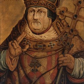 Zdjęcie nr 1: Biskup zwrócony jest trzy czwarte w prawo z prawą ręką wzniesioną w geście błogosławieństwa, w lewej trzyma pastorał w formie krzyża. Twarz szeroka i pokryta licznymi zmarszczkami, oczy wąskie, nos długi i orli. Biskup ubrany jest albę, ornat, humerał, infułę oraz złote rękawice, na szyi na zawieszony krzyż pektoralny. Tło jednolite, jasnobrązowe. W lewym, górnym narożu obrazu tarcza ujęta labrami i zwieńczona infułą z godłem herbu Sulima oraz literami „P[ETRUS] G[AMRAT] / E(PISCOPUS) C(RACOVIENSIS)” i daty „1538-1545”. Na odwrociu napis: „KOPIA / Z KOŚCIOŁA / X.X. FRANCISZKANÓW / W KRAKOWIE / R. 1882. / L. L.” oraz karteczka z napisem: „ZE ZBIORÓW / KARD. ALBINA / DUNAJEWSKIEGO”. Rama drewniana i profilowana. 