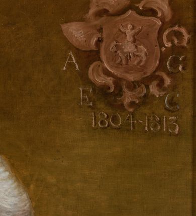 Zdjęcie nr 3: Portret biskupa w czarnej sutannie z kołnierzem i pektorałem na piersi. W prawym górnym rogu otoczona labrami tarcza z godłem herbu Rawicz ze skrzyżowanymi infułą i pastorałem oraz literami A[NDREAS] [GAWROŃSKI] E[PISCOPUS] C[RACOVIENSIS]. 