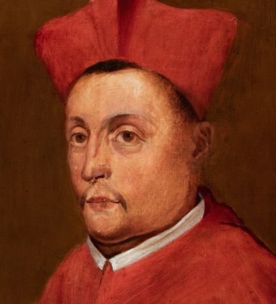 Zdjęcie nr 2: Obraz przedstawia kardynała w trzech czwartych, w purpurowym mucecie, z biretem na głowie. W lewym górnym narożu obwiedziona labrami tarcza z godłem herbu Trąby z literami G(EORGIUS) R(ADZIWIŁŁ) / E(PISCOPUS) C(RACOVIENSIS) /1592-1600”. 