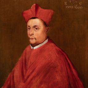 Zdjęcie nr 1: Obraz przedstawia kardynała w trzech czwartych, w purpurowym mucecie, z biretem na głowie. W lewym górnym narożu obwiedziona labrami tarcza z godłem herbu Trąby z literami G(EORGIUS) R(ADZIWIŁŁ) / E(PISCOPUS) C(RACOVIENSIS) /1592-1600”. 