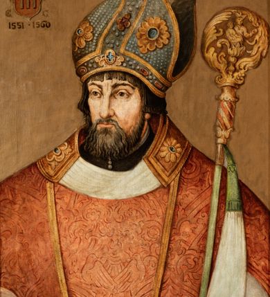 Zdjęcie nr 1: Biskup ukazany niemal frontalnie, z głową zwróconą lekko w prawo, ubrany w dalmatykę i infułę na głowie, z pastorałem przy opartym na lewym ramieniu. W lewym, górnym narożu obrazu tarcza ujeta labrami i zwieńczona infułą z godłem herbu Radwan oraz literami 
A(NDREAS) Z(EBRZYDOWSKI) / E(PISCOPUS) C(RACOVIENSIS) Ii daty 1551-1560”. Na odwrociu napis: „KOPIA / Z KOŚCIOŁA / X.X. FRANCISZKANÓW / W KRAKOWIE / R 1883. / L. L.”.