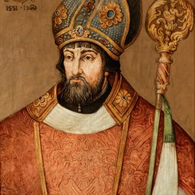 Zdjęcie nr 1: Biskup ukazany niemal frontalnie, z głową zwróconą lekko w prawo, ubrany w dalmatykę i infułę na głowie, z pastorałem przy opartym na lewym ramieniu. W lewym, górnym narożu obrazu tarcza ujeta labrami i zwieńczona infułą z godłem herbu Radwan oraz literami 
A(NDREAS) Z(EBRZYDOWSKI) / E(PISCOPUS) C(RACOVIENSIS) Ii daty 1551-1560”. Na odwrociu napis: „KOPIA / Z KOŚCIOŁA / X.X. FRANCISZKANÓW / W KRAKOWIE / R 1883. / L. L.”.