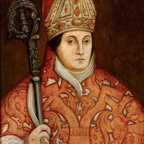 Zdjęcie nr 1: Biskup zwrócony trzy czwarte w lewo, ukazany w półpostaci. Twarz owalna, duże i migdałowe oczy, nos długi i szeroki, wąskie usta. Włosy ciemne, średniej długości, zasłaniające uszy. Biskup ubrany jest w albę, humerał, kapę w duże ornamentalne wzory i białe rękawiczki z pierścieniem na palcu. Na głowie ma założoną kameryzowaną infułę, a w prawej dłoni trzyma pastorał. Tło jednolite i brązowe. W prawym, górnym narożu obrazu tarcza nakryta infułą z godłem herbu Ciołek oraz syglami „S[AMUEL] M[ACIEJOWSKI] / E[PISCOPUS] C[RACOVIENSIS]” i daty „1545-1550”. Na odwrociu napis „KOPIA / Z KOŚCIOŁA / XX FRANCISZKANÓW / W KRAKOWIE / R(OK) 1883 L. L.”. Na ramie przyklejona kartka z nadrukiem „Ze zbiorów / kard. Albina / Dunajewskiego”. Rama drewniana, profilowana.