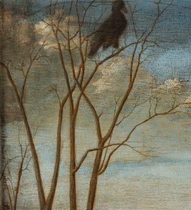 Zdjęcie nr 7: Obraz w kształcie leżącego prostokąta z przedstawieniem adoracji Dzieciątka. W centrum siedząca postać Marii zwrócona trzy czwarte w lewo, delikatnie pochylona z rękami złożonymi w geście modlitwy. Na jej kolanach leży śpiące Dzieciątko. Maria o delikatnych rysach: owalnej twarzy, długim nosie, drobnych ustach i przymkniętych oczach. Na głowie ma biały welon przykrywający jej włosy. Ubrana jest w różową suknię oraz silnie udrapowany niebieski płaszcz. Dzieciątko nagie o pełnej twarzy, małym nosie i ustach oraz zamkniętych oczach. W tle pejzaż wiejski z rolnikiem odpoczywającym przy wypasie bydła. Dalej, po prawej stronie obrazu miasto, otoczone wysokim murem z basztami, położone na wzgórzu. Tło utrzymane w brunatnej tonacji. Niebo jasnobłękitne z białymi, strzępiastymi chmurami. Rama złocona, profilowana, dekorowana dwoma pasami kimationu. Na płótnie znak seryjnego wyrobu płótna, w którym mieści się znak firmy WINSOR &amp; NEWTON’S z Londynu.