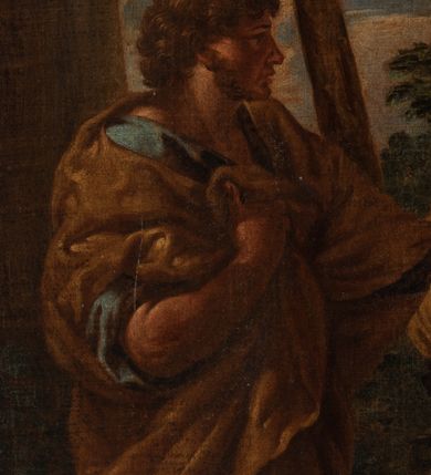 Zdjęcie nr 6: Obraz w kształcie stojącego prostokąta z przedstawieniem sceny Zaślubin. W centrum kompozycji narzeczeni zwróceni ku sobie, wyciągający do siebie dłonie, które ujmuje stojąca między nimi kobieta. Narzeczona ma delikatne rysy twarzy. Ubrana jest w białą suknię i niebieski płaszcz, a na stopach ma rzymskie sandały. Ma długie, jasne i splecione włosy. Jej narzeczony ma szeroką twarz z wyraźnie zaznaczonym podbródkiem i długim nosem, delikatnie rozchylone usta; włosy średniej długości, ciemnobrązowe, bujne i kręcone. Ubrany jest w niebieską tunikę i brązowy płaszcz, na stopach ma wysoko zawiązane rzymskie sandały. Kobieta stojąca pośrodku ma również delikatne rysy twarzy. Ubrana jest w długą, szarą suknię spodnią oraz krótką i żółtą suknię wierzchnią z szerokimi rękawami, a także różowy płaszcz. Na głowie ma założony biały czepiec, skrywający długie włosy, których pasma spadają na ramiona. Po lewej stronie obrazu stoi wysoka drewniana szopa, kryta słomą, za postaciami rosną wysokie drzewa, a w oddali widoczna jest budowla położona nad rzeką z niewielkim wodospadem i góry. Rama drewniana, profilowana, złocona. Na odwrociu karteczka z drukowanym napisem „Ze zbiorów księdza Jana kniazia z Kozielska Puzyny księcia biskupa krakowskiego, no 28”.
