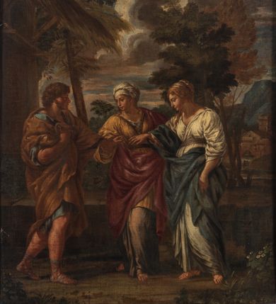 Zdjęcie nr 1: Obraz w kształcie stojącego prostokąta z przedstawieniem sceny Zaślubin. W centrum kompozycji narzeczeni zwróceni ku sobie, wyciągający do siebie dłonie, które ujmuje stojąca między nimi kobieta. Narzeczona ma delikatne rysy twarzy. Ubrana jest w białą suknię i niebieski płaszcz, a na stopach ma rzymskie sandały. Ma długie, jasne i splecione włosy. Jej narzeczony ma szeroką twarz z wyraźnie zaznaczonym podbródkiem i długim nosem, delikatnie rozchylone usta; włosy średniej długości, ciemnobrązowe, bujne i kręcone. Ubrany jest w niebieską tunikę i brązowy płaszcz, na stopach ma wysoko zawiązane rzymskie sandały. Kobieta stojąca pośrodku ma również delikatne rysy twarzy. Ubrana jest w długą, szarą suknię spodnią oraz krótką i żółtą suknię wierzchnią z szerokimi rękawami, a także różowy płaszcz. Na głowie ma założony biały czepiec, skrywający długie włosy, których pasma spadają na ramiona. Po lewej stronie obrazu stoi wysoka drewniana szopa, kryta słomą, za postaciami rosną wysokie drzewa, a w oddali widoczna jest budowla położona nad rzeką z niewielkim wodospadem i góry. Rama drewniana, profilowana, złocona. Na odwrociu karteczka z drukowanym napisem „Ze zbiorów księdza Jana kniazia z Kozielska Puzyny księcia biskupa krakowskiego, no 28”.
