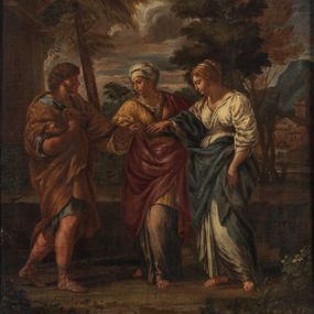 Zdjęcie nr 1: Obraz w kształcie stojącego prostokąta z przedstawieniem sceny Zaślubin. W centrum kompozycji narzeczeni zwróceni ku sobie, wyciągający do siebie dłonie, które ujmuje stojąca między nimi kobieta. Narzeczona ma delikatne rysy twarzy. Ubrana jest w białą suknię i niebieski płaszcz, a na stopach ma rzymskie sandały. Ma długie, jasne i splecione włosy. Jej narzeczony ma szeroką twarz z wyraźnie zaznaczonym podbródkiem i długim nosem, delikatnie rozchylone usta; włosy średniej długości, ciemnobrązowe, bujne i kręcone. Ubrany jest w niebieską tunikę i brązowy płaszcz, na stopach ma wysoko zawiązane rzymskie sandały. Kobieta stojąca pośrodku ma również delikatne rysy twarzy. Ubrana jest w długą, szarą suknię spodnią oraz krótką i żółtą suknię wierzchnią z szerokimi rękawami, a także różowy płaszcz. Na głowie ma założony biały czepiec, skrywający długie włosy, których pasma spadają na ramiona. Po lewej stronie obrazu stoi wysoka drewniana szopa, kryta słomą, za postaciami rosną wysokie drzewa, a w oddali widoczna jest budowla położona nad rzeką z niewielkim wodospadem i góry. Rama drewniana, profilowana, złocona. Na odwrociu karteczka z drukowanym napisem „Ze zbiorów księdza Jana kniazia z Kozielska Puzyny księcia biskupa krakowskiego, no 28”.
