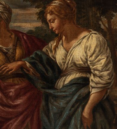 Zdjęcie nr 3: Obraz w kształcie stojącego prostokąta z przedstawieniem sceny Zaślubin. W centrum kompozycji narzeczeni zwróceni ku sobie, wyciągający do siebie dłonie, które ujmuje stojąca między nimi kobieta. Narzeczona ma delikatne rysy twarzy. Ubrana jest w białą suknię i niebieski płaszcz, a na stopach ma rzymskie sandały. Ma długie, jasne i splecione włosy. Jej narzeczony ma szeroką twarz z wyraźnie zaznaczonym podbródkiem i długim nosem, delikatnie rozchylone usta; włosy średniej długości, ciemnobrązowe, bujne i kręcone. Ubrany jest w niebieską tunikę i brązowy płaszcz, na stopach ma wysoko zawiązane rzymskie sandały. Kobieta stojąca pośrodku ma również delikatne rysy twarzy. Ubrana jest w długą, szarą suknię spodnią oraz krótką i żółtą suknię wierzchnią z szerokimi rękawami, a także różowy płaszcz. Na głowie ma założony biały czepiec, skrywający długie włosy, których pasma spadają na ramiona. Po lewej stronie obrazu stoi wysoka drewniana szopa, kryta słomą, za postaciami rosną wysokie drzewa, a w oddali widoczna jest budowla położona nad rzeką z niewielkim wodospadem i góry. Rama drewniana, profilowana, złocona. Na odwrociu karteczka z drukowanym napisem „Ze zbiorów księdza Jana kniazia z Kozielska Puzyny księcia biskupa krakowskiego, no 28”.
