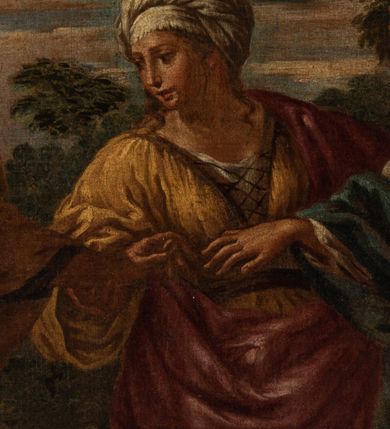 Zdjęcie nr 5: Obraz w kształcie stojącego prostokąta z przedstawieniem sceny Zaślubin. W centrum kompozycji narzeczeni zwróceni ku sobie, wyciągający do siebie dłonie, które ujmuje stojąca między nimi kobieta. Narzeczona ma delikatne rysy twarzy. Ubrana jest w białą suknię i niebieski płaszcz, a na stopach ma rzymskie sandały. Ma długie, jasne i splecione włosy. Jej narzeczony ma szeroką twarz z wyraźnie zaznaczonym podbródkiem i długim nosem, delikatnie rozchylone usta; włosy średniej długości, ciemnobrązowe, bujne i kręcone. Ubrany jest w niebieską tunikę i brązowy płaszcz, na stopach ma wysoko zawiązane rzymskie sandały. Kobieta stojąca pośrodku ma również delikatne rysy twarzy. Ubrana jest w długą, szarą suknię spodnią oraz krótką i żółtą suknię wierzchnią z szerokimi rękawami, a także różowy płaszcz. Na głowie ma założony biały czepiec, skrywający długie włosy, których pasma spadają na ramiona. Po lewej stronie obrazu stoi wysoka drewniana szopa, kryta słomą, za postaciami rosną wysokie drzewa, a w oddali widoczna jest budowla położona nad rzeką z niewielkim wodospadem i góry. Rama drewniana, profilowana, złocona. Na odwrociu karteczka z drukowanym napisem „Ze zbiorów księdza Jana kniazia z Kozielska Puzyny księcia biskupa krakowskiego, no 28”.
