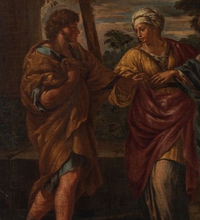 Zdjęcie nr 4: Obraz w kształcie stojącego prostokąta z przedstawieniem sceny Zaślubin. W centrum kompozycji narzeczeni zwróceni ku sobie, wyciągający do siebie dłonie, które ujmuje stojąca między nimi kobieta. Narzeczona ma delikatne rysy twarzy. Ubrana jest w białą suknię i niebieski płaszcz, a na stopach ma rzymskie sandały. Ma długie, jasne i splecione włosy. Jej narzeczony ma szeroką twarz z wyraźnie zaznaczonym podbródkiem i długim nosem, delikatnie rozchylone usta; włosy średniej długości, ciemnobrązowe, bujne i kręcone. Ubrany jest w niebieską tunikę i brązowy płaszcz, na stopach ma wysoko zawiązane rzymskie sandały. Kobieta stojąca pośrodku ma również delikatne rysy twarzy. Ubrana jest w długą, szarą suknię spodnią oraz krótką i żółtą suknię wierzchnią z szerokimi rękawami, a także różowy płaszcz. Na głowie ma założony biały czepiec, skrywający długie włosy, których pasma spadają na ramiona. Po lewej stronie obrazu stoi wysoka drewniana szopa, kryta słomą, za postaciami rosną wysokie drzewa, a w oddali widoczna jest budowla położona nad rzeką z niewielkim wodospadem i góry. Rama drewniana, profilowana, złocona. Na odwrociu karteczka z drukowanym napisem „Ze zbiorów księdza Jana kniazia z Kozielska Puzyny księcia biskupa krakowskiego, no 28”.
