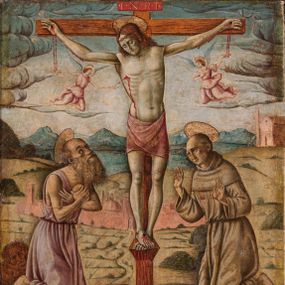 Zdjęcie nr 1: Obraz w kształcie stojącego prostokąta przedstawiający ukrzyżowanego Chrystusa ze św. Hieronimem i św. Franciszkiem z Asyżu. W centrum kompozycji ukazany Chrystus na tle odległego pejzażu z Jerozolimą. Ciało przybite do krzyża trzema gwoździami, głowa delikatnie opuszczona na prawe ramię. Twarz trójkątna z długim i prostym nosem, zamkniętymi oczami, okolona krótką brodą, usta wąskie. Włosy długie, kręcone, brązowe, opadające na plecy. Na głowie korona cierniowa, a wokół niej kolisty nimb. Chrystus ma założone wokół bioder jasnoczerwone perizonium. Karnacja ciała blado-szara.  Z ran tryskają obficie strużki krwi, które pod ramionami krzyża zbierają w złote naczynia dwaj aniołowie w różowych sukniach. Krzyż prosty, jasnobrązowy, nad głową Chrystusa wisi czerwona tabliczka z napisem „INRI”. Strugi krwi spływają z krzyża na ziemię. Po lewej stronie krzyża klęczy, zwrócony trzy czwarte w lewo św. Hieronim, który uderza się w piersi kamieniem i unosi głowę w stronę Chrystusa. Twarz o rysach starszego mężczyzny z krótkimi włosami i długą, bujną brodą, silnie skręconą. Ubrany jest w długą jasnofioletową suknię z krótkimi rękawami. Za nim siedzi lew, a obok leży kapelusz kardynalski. Po prawej stronie obrazu klęczy, zwrócony trzy czwarte w prawo św. Franciszek z Asyżu, który wyciąga ugięte w łokciach dłonie i ukazuje ich wewnętrzną stronę ze stygmatami. Stygmaty są zaznaczone również na jego stopach i prawym boku. Twarz kwadratowa z tonsurą, wąskie usta, długi nos i małe oczy. Ubrany jest w brązowy habit franciszkański. Na ranach oznaczonych stygmatami ukazane są złote promienie. Obaj święci mają wokół głów koliste i złote nimby, otoczone czarnym konturem. Kolorystyka chłodna, pastelowa. W tle Jerozolima, a za nią pola, jezioro i góry. Rama drewniana, profilowana, zdobiona pasami kimationu. Na odwrociu pieczęć z napisem: „CONSERVAZ D[...]ENTI DI BELLE ARTI” oraz karteczka z drukowanym napisem: „Ze zbiorów księdza Jana kniazia z Kozielska Puzyny księcia biskupa krakowskiego, no. 30”.


