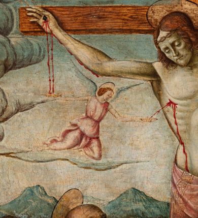 Zdjęcie nr 3: Obraz w kształcie stojącego prostokąta przedstawiający ukrzyżowanego Chrystusa ze św. Hieronimem i św. Franciszkiem z Asyżu. W centrum kompozycji ukazany Chrystus na tle odległego pejzażu z Jerozolimą. Ciało przybite do krzyża trzema gwoździami, głowa delikatnie opuszczona na prawe ramię. Twarz trójkątna z długim i prostym nosem, zamkniętymi oczami, okolona krótką brodą, usta wąskie. Włosy długie, kręcone, brązowe, opadające na plecy. Na głowie korona cierniowa, a wokół niej kolisty nimb. Chrystus ma założone wokół bioder jasnoczerwone perizonium. Karnacja ciała blado-szara.  Z ran tryskają obficie strużki krwi, które pod ramionami krzyża zbierają w złote naczynia dwaj aniołowie w różowych sukniach. Krzyż prosty, jasnobrązowy, nad głową Chrystusa wisi czerwona tabliczka z napisem „INRI”. Strugi krwi spływają z krzyża na ziemię. Po lewej stronie krzyża klęczy, zwrócony trzy czwarte w lewo św. Hieronim, który uderza się w piersi kamieniem i unosi głowę w stronę Chrystusa. Twarz o rysach starszego mężczyzny z krótkimi włosami i długą, bujną brodą, silnie skręconą. Ubrany jest w długą jasnofioletową suknię z krótkimi rękawami. Za nim siedzi lew, a obok leży kapelusz kardynalski. Po prawej stronie obrazu klęczy, zwrócony trzy czwarte w prawo św. Franciszek z Asyżu, który wyciąga ugięte w łokciach dłonie i ukazuje ich wewnętrzną stronę ze stygmatami. Stygmaty są zaznaczone również na jego stopach i prawym boku. Twarz kwadratowa z tonsurą, wąskie usta, długi nos i małe oczy. Ubrany jest w brązowy habit franciszkański. Na ranach oznaczonych stygmatami ukazane są złote promienie. Obaj święci mają wokół głów koliste i złote nimby, otoczone czarnym konturem. Kolorystyka chłodna, pastelowa. W tle Jerozolima, a za nią pola, jezioro i góry. Rama drewniana, profilowana, zdobiona pasami kimationu. Na odwrociu pieczęć z napisem: „CONSERVAZ D[...]ENTI DI BELLE ARTI” oraz karteczka z drukowanym napisem: „Ze zbiorów księdza Jana kniazia z Kozielska Puzyny księcia biskupa krakowskiego, no. 30”.


