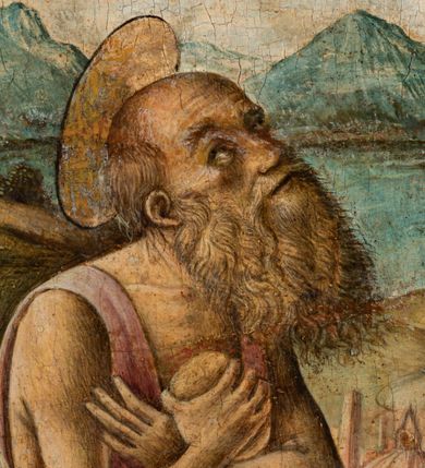 Zdjęcie nr 13: Obraz w kształcie stojącego prostokąta przedstawiający ukrzyżowanego Chrystusa ze św. Hieronimem i św. Franciszkiem z Asyżu. W centrum kompozycji ukazany Chrystus na tle odległego pejzażu z Jerozolimą. Ciało przybite do krzyża trzema gwoździami, głowa delikatnie opuszczona na prawe ramię. Twarz trójkątna z długim i prostym nosem, zamkniętymi oczami, okolona krótką brodą, usta wąskie. Włosy długie, kręcone, brązowe, opadające na plecy. Na głowie korona cierniowa, a wokół niej kolisty nimb. Chrystus ma założone wokół bioder jasnoczerwone perizonium. Karnacja ciała blado-szara.  Z ran tryskają obficie strużki krwi, które pod ramionami krzyża zbierają w złote naczynia dwaj aniołowie w różowych sukniach. Krzyż prosty, jasnobrązowy, nad głową Chrystusa wisi czerwona tabliczka z napisem „INRI”. Strugi krwi spływają z krzyża na ziemię. Po lewej stronie krzyża klęczy, zwrócony trzy czwarte w lewo św. Hieronim, który uderza się w piersi kamieniem i unosi głowę w stronę Chrystusa. Twarz o rysach starszego mężczyzny z krótkimi włosami i długą, bujną brodą, silnie skręconą. Ubrany jest w długą jasnofioletową suknię z krótkimi rękawami. Za nim siedzi lew, a obok leży kapelusz kardynalski. Po prawej stronie obrazu klęczy, zwrócony trzy czwarte w prawo św. Franciszek z Asyżu, który wyciąga ugięte w łokciach dłonie i ukazuje ich wewnętrzną stronę ze stygmatami. Stygmaty są zaznaczone również na jego stopach i prawym boku. Twarz kwadratowa z tonsurą, wąskie usta, długi nos i małe oczy. Ubrany jest w brązowy habit franciszkański. Na ranach oznaczonych stygmatami ukazane są złote promienie. Obaj święci mają wokół głów koliste i złote nimby, otoczone czarnym konturem. Kolorystyka chłodna, pastelowa. W tle Jerozolima, a za nią pola, jezioro i góry. Rama drewniana, profilowana, zdobiona pasami kimationu. Na odwrociu pieczęć z napisem: „CONSERVAZ D[...]ENTI DI BELLE ARTI” oraz karteczka z drukowanym napisem: „Ze zbiorów księdza Jana kniazia z Kozielska Puzyny księcia biskupa krakowskiego, no. 30”.


