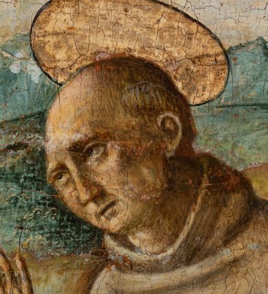 Zdjęcie nr 14: Obraz w kształcie stojącego prostokąta przedstawiający ukrzyżowanego Chrystusa ze św. Hieronimem i św. Franciszkiem z Asyżu. W centrum kompozycji ukazany Chrystus na tle odległego pejzażu z Jerozolimą. Ciało przybite do krzyża trzema gwoździami, głowa delikatnie opuszczona na prawe ramię. Twarz trójkątna z długim i prostym nosem, zamkniętymi oczami, okolona krótką brodą, usta wąskie. Włosy długie, kręcone, brązowe, opadające na plecy. Na głowie korona cierniowa, a wokół niej kolisty nimb. Chrystus ma założone wokół bioder jasnoczerwone perizonium. Karnacja ciała blado-szara.  Z ran tryskają obficie strużki krwi, które pod ramionami krzyża zbierają w złote naczynia dwaj aniołowie w różowych sukniach. Krzyż prosty, jasnobrązowy, nad głową Chrystusa wisi czerwona tabliczka z napisem „INRI”. Strugi krwi spływają z krzyża na ziemię. Po lewej stronie krzyża klęczy, zwrócony trzy czwarte w lewo św. Hieronim, który uderza się w piersi kamieniem i unosi głowę w stronę Chrystusa. Twarz o rysach starszego mężczyzny z krótkimi włosami i długą, bujną brodą, silnie skręconą. Ubrany jest w długą jasnofioletową suknię z krótkimi rękawami. Za nim siedzi lew, a obok leży kapelusz kardynalski. Po prawej stronie obrazu klęczy, zwrócony trzy czwarte w prawo św. Franciszek z Asyżu, który wyciąga ugięte w łokciach dłonie i ukazuje ich wewnętrzną stronę ze stygmatami. Stygmaty są zaznaczone również na jego stopach i prawym boku. Twarz kwadratowa z tonsurą, wąskie usta, długi nos i małe oczy. Ubrany jest w brązowy habit franciszkański. Na ranach oznaczonych stygmatami ukazane są złote promienie. Obaj święci mają wokół głów koliste i złote nimby, otoczone czarnym konturem. Kolorystyka chłodna, pastelowa. W tle Jerozolima, a za nią pola, jezioro i góry. Rama drewniana, profilowana, zdobiona pasami kimationu. Na odwrociu pieczęć z napisem: „CONSERVAZ D[...]ENTI DI BELLE ARTI” oraz karteczka z drukowanym napisem: „Ze zbiorów księdza Jana kniazia z Kozielska Puzyny księcia biskupa krakowskiego, no. 30”.


