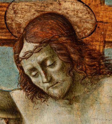 Zdjęcie nr 6: Obraz w kształcie stojącego prostokąta przedstawiający ukrzyżowanego Chrystusa ze św. Hieronimem i św. Franciszkiem z Asyżu. W centrum kompozycji ukazany Chrystus na tle odległego pejzażu z Jerozolimą. Ciało przybite do krzyża trzema gwoździami, głowa delikatnie opuszczona na prawe ramię. Twarz trójkątna z długim i prostym nosem, zamkniętymi oczami, okolona krótką brodą, usta wąskie. Włosy długie, kręcone, brązowe, opadające na plecy. Na głowie korona cierniowa, a wokół niej kolisty nimb. Chrystus ma założone wokół bioder jasnoczerwone perizonium. Karnacja ciała blado-szara.  Z ran tryskają obficie strużki krwi, które pod ramionami krzyża zbierają w złote naczynia dwaj aniołowie w różowych sukniach. Krzyż prosty, jasnobrązowy, nad głową Chrystusa wisi czerwona tabliczka z napisem „INRI”. Strugi krwi spływają z krzyża na ziemię. Po lewej stronie krzyża klęczy, zwrócony trzy czwarte w lewo św. Hieronim, który uderza się w piersi kamieniem i unosi głowę w stronę Chrystusa. Twarz o rysach starszego mężczyzny z krótkimi włosami i długą, bujną brodą, silnie skręconą. Ubrany jest w długą jasnofioletową suknię z krótkimi rękawami. Za nim siedzi lew, a obok leży kapelusz kardynalski. Po prawej stronie obrazu klęczy, zwrócony trzy czwarte w prawo św. Franciszek z Asyżu, który wyciąga ugięte w łokciach dłonie i ukazuje ich wewnętrzną stronę ze stygmatami. Stygmaty są zaznaczone również na jego stopach i prawym boku. Twarz kwadratowa z tonsurą, wąskie usta, długi nos i małe oczy. Ubrany jest w brązowy habit franciszkański. Na ranach oznaczonych stygmatami ukazane są złote promienie. Obaj święci mają wokół głów koliste i złote nimby, otoczone czarnym konturem. Kolorystyka chłodna, pastelowa. W tle Jerozolima, a za nią pola, jezioro i góry. Rama drewniana, profilowana, zdobiona pasami kimationu. Na odwrociu pieczęć z napisem: „CONSERVAZ D[...]ENTI DI BELLE ARTI” oraz karteczka z drukowanym napisem: „Ze zbiorów księdza Jana kniazia z Kozielska Puzyny księcia biskupa krakowskiego, no. 30”.


