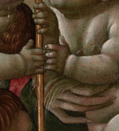 Zdjęcie nr 8: Obraz w formie medalionu w kwadratowej ramie z przedstawieniem Matki Boskiej z Dzieciątkiem, ze św. Janem Chrzcicielem i św. Józefem. W centrum kompozycji Matka Boska ukazana jako siedząca z głową delikatnie pochyloną w prawo, dłońmi przytrzymuje siedzące Dzieciątko. Twarz ma trójkątną o małych, półprzymkniętych oczach; długim i prostym nosie oraz wąskich ustach. Ubrana jest w jasnobrązową suknię oraz czerwony płaszcz z zieloną podszewką, zarzucony na głowę i otulający całą postać, na głowie ma  także biały welon. Dzieciątko w pozycji półleżącej, ukazane nagie, zwrócone ku św. Janowi Chrzcicielowi i obejmujące go prawą rączką za szyję. Twarz ma pełną o małych oczach, małym nosie i ustach, silnie zarumienioną na policzkach, okoloną jasnymi i kręconymi włosami. Z lewej strony obrazu na wysokim, kamiennym cokole przyklęka na prawe kolano  św. Jan Chrzciciel, ukazany jako kilkuletnie dziecko, zwrócony trzy czwarte w lewo, z delikatnie uniesioną głową. W rękach trzyma laskę zakończoną krzyżem. Twarz ma dziecięcą o pełnych policzkach, małych oczach skierowanych w górę, małym nosie i ustach, okoloną jasnymi i krótkimi włosami. Jego ciało przesłonięte jest w partii torsu i nóg brązową melotą. Po prawej stronie obrazu stoi św. Józef, zwrócony trzy czwarte w prawo, lewą ręką wspiera się na kiju pasterskim, a prawą trzyma się za głowę. Ubrany jest w niebieską suknię i żółty płaszcz. Twarz szeroka z wydatnym podbródkiem i długim nosem, włosy siwe i krótkie. Wokół głów św. Józef, Matka Boska i św. Jan Chrzciciel mają złote, okrągłe nimby. Karnacje postaci w odcieniu szarym, bladym; kolorystyka pastelowa. W oddali pejzaż górki, niebo różowo-niebieskie. Za Matką Boską pionowy, zielony pas kotary (?). Rama kwadratowa z polem obrazowym w kształcie medalionu, zdobiona na brzegu pasami kimationu, profilowaniem, a w przyłuczach stylizowanymi liśćmi akantu. 
