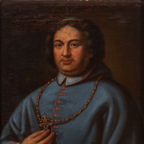 Zdjęcie nr 1: Biskup zwrócony trzy czwarte w prawo, ukazany w półpostaci. Twarz pełna z wyraźnie zaznaczonym podbródkiem, małe oczy, prosty nos i wąskie usta. Włosy ciemne, bujne, średniej długości. Biskup ubrany jest w rokietę, niebieski mucet z czerwoną podszewką i niebieską piuskę. Na szyi ma zawieszony krzyż pektoralny, który ujmuje palcami prawej dłoni. Tło jednolite, ciemnobrązowe. W lewym, górnym narożu obrazu napis „X(iądz) Felicyan Konstanty / Szaniawski biskup krakowski / *1668; + 1732”. Rama drewniana, złocona, profilowana.

