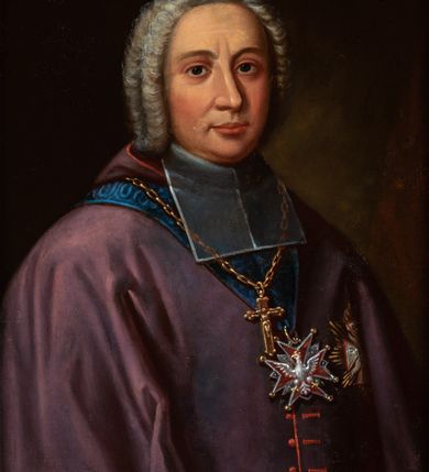 Zdjęcie nr 1: Portret ukazuje biskupa w fioletowym mucecie, z kołnierzem, kapturem i orderem Orła Białego na piersi z gwiazdą orderową z dewizą Pro Fide, Lege et Rege. W górnym lewym rogu napis: "X: Andrzej Stanisław / Załuski, Biskup krakowski. / *1694; + 1758."