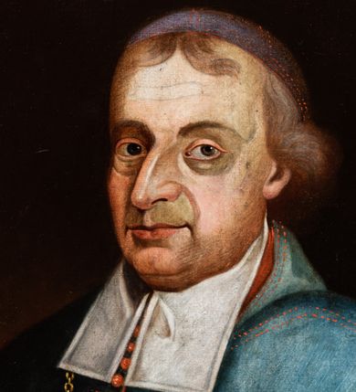 Zdjęcie nr 2: Biskup zwrócony trzy czwarte w prawo, ukazany w półpostaci. Twarz owalna, małe oczy, długi i orli nos oraz wąskie usta. Włosy jasne z przedziałkiem pośrodku, zaczesane do tyłu. Biskup ubrany jest w rokietę, niebieski mucet z czerwoną podszewką, białą befkę, a na głowie jasnofioletową piuskę. Na szyi ma zawieszony krzyż pektoralny, który ujmuje palcami prawej dłoni. Tło jednolite, ciemnobrązowe. W prawym, górnym narożu obrazu tarcza ujęta labrami, chwostami i insygniami biskupimi z godłem herbu Pomian oraz syglami „K[AZIMIERZ] Ł[UBIEŃSKI] / E[PISCOPUS] C[RACOVIENSIS]” i datami „1711-1719”. Na odwrociu napis: „KOPIA / Z KATEDRY / NA WAWELU / R(OK) 1882 L. L.”. Na ramie przyklejona kartka z nadrukiem: „ZE ZBIORÓW / KARD. ALBINA / DUNAJEWSKIEGO”. Rama drewniana, profilowana.