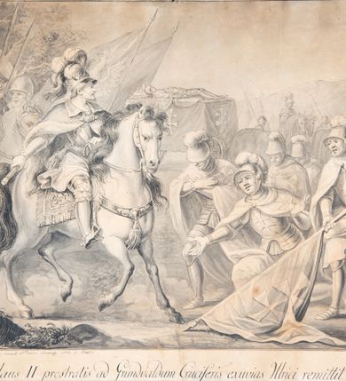 Zdjęcie nr 2: U dołu napisy: "Michael Stachowicz invenit et deline Cracovia 1819.19." i "Vladislaus II prostratis ad Grundvaldum Cruciferis exuvias Ulrici remittit a. 1410."