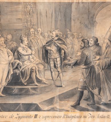 Zdjęcie nr 2: U dołu rysunku napis: &quot;Poselstwo do Zygmunta III. z zaproszeniem Władysława na tron moskiewski. R. 1610.&quot;