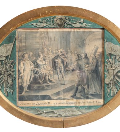 Zdjęcie nr 1: U dołu rysunku napis: "Poselstwo do Zygmunta III. z zaproszeniem Władysława na tron moskiewski. R. 1610."