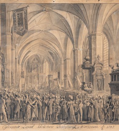 Zdjęcie nr 2: U dołu napisy: &quot;Michael Stachowicz invenit delin Cracovia 1821&quot; i &quot;Ogłoszenie Zasad Królestwa i Konstytucji w Warszawie R. 1815.&quot;