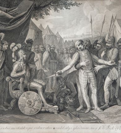 Zdjęcie nr 2: U dołu: "Franciscus Smuglewicz Invenit et delineavit Varsavia", "E. G. Krüger Sculpvit Dresden" oraz "Jigmanus (?) victus mortaliterque vulneratus resistit alys gladum, nisi soli Victori deponit"