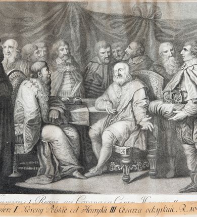 Zdjęcie nr 2: U spodu grafiki: "Franc. Smuglewicz in: et den:" oraz "I. Ligber sculps."
Podpis: "Casimirus I Regni sui Coronasa Cesare Henrico II Reposcit."

Na grafikę nałożony drugi podpis: "Franciscus Smuglewicz invenit et deline Varsovia", "I. Ligber sculp." i "Kazimierz I Korony Polskie od Henryka III Cesarza odzyskuie. R. 1040."