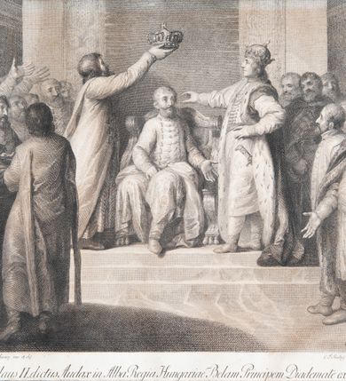 Zdjęcie nr 2: U spodu: "Franciscus Smuglewicz inv. et del. ", "C. F. Stoelzer sc. Dresdae 1791" I "Boleslaus II. dictum Audax in Alba Regina Hungariae Belam Principem diademate exornat". 
Na grafike nałożona kartka z napisem: "Franciscus Smuglewicz invenit et deline Varsovia", "Bolesław Śmiały Bele na tronie Węgierskim w Białogrodzie osadza. R. 1065."