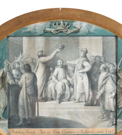 Zdjęcie nr 1: U spodu: &quot;Franciscus Smuglewicz inv. et del. &quot;, &quot;C. F. Stoelzer sc. Dresdae 1791&quot; I &quot;Boleslaus II. dictum Audax in Alba Regina Hungariae Belam Principem diademate exornat&quot;. 
Na grafike nałożona kartka z napisem: &quot;Franciscus Smuglewicz invenit et deline Varsovia&quot;, &quot;Bolesław Śmiały Bele na tronie Węgierskim w Białogrodzie osadza. R. 1065.&quot;