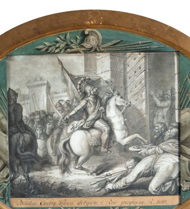 Zdjęcie nr 1: U dołu grafiki: &quot;Boleslaus Chrobry Urbem Kijoviam capit vibrato in Portam auream acinace ac Russiam Vectigalem faci&quot;.
Na grafikę nałożona kartka z napisem: &quot;Franciscus Smuglewicz inve. et del. Varsovia&quot; i &quot;Bolesław Chrobry Kijowa dobywa i Ruś przyłącza. R. 1018.&quot;
Sygnatura ryciny nieczytelna.
Dodatkowo na odwrociu informacja &quot;Jest też Żychowicza: / 1. Bolesław Chrobry oznacza granice / 2. Mieczysław II karze zbuntowanych Pomorzan&quot;.