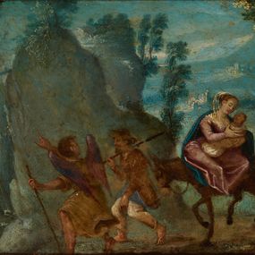 Zdjęcie nr 1: Obraz w formie leżącego prostokąta z przedstawieniem ucieczki do Egiptu. Na pierwszym planie ukazany anioł, który prowadzi św. Józefa, trzymającego lejce osiołka z Marią i Jezusem. Anioł ukazany jest tyłem, w wykroku, lewą rękę opiera na kiju, prawą, uniesioną wskazuje przed siebie. Ubrany jest w żółtą tunikę, a fioletowo-niebieskie skrzydła ma złożone. Józef zwrócony profilem w prawo, w lewej, opuszczonej ręce trzyma lejce, w prawej, uniesionej laskę, opartą na ramieniu. Ukazany jest jako dojrzały mężczyzna z krótką brodą. Na głowie ma kapelusz. Ubrany jest w białe spodnie, krótką, niebieską tunikę i brązowe okrycie wiechrznie. Za nim idzie osiołek, z pochylonym łbem, na jego grzbiecie siedzi Maria, zwrócona w trzech czwartych w lewo, z pochyloną głową, obiema rękami obejmuje Dzieciątko zawinięte w becik. Maria o młodzieńczych rysach, z brązowymi włosami upiętymi z tyłu, na głowie ma prześwitujący welon. Ubrana jest w różową suknię, na ramiona ma narzucony niebieski płaszcz. Postacie ukazane na tle krajobrazu z wypiętrzonymi górami i drzewami. W lewej części obrazu, w oddali widoczny pejzaż miejski. Obraz ujęty szeroką, profilowaną i złoconą ramą. 
