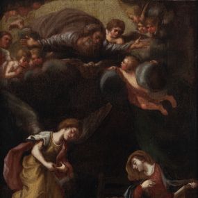 Zdjęcie nr 1: Obraz w kształcie stojącego prostokąta. Kompozycja dwustrefowa, w dolnej części z prawej strony ukazana jest Maria klęcząca na klęczniku, odwrócona do tyłu w stronę nadlatującego anioła. Maria lewą ręką opiera się o klęcznik, a prawą przyciska do piersi. Głowa ukazana z lewego profilu, skłoniona delikatnie w dół. Twarz o wyraźnie zaznaczonym podbródku z wydatnymi ustami, długim nosem i przymkniętymi oczami; włosy jasnobrązowe schowane pod welonem. Maria ubrana jest w czerwoną suknię oraz zarzucony na ramiona jasnoniebieski płaszcz, na głowie ma brązowy welon. Z lewej strony obrazu przedstawiony jest nadlatujący archanioł Gabriel, klęczący na obłokach i zwrócony trzy czwarte w lewo, pochylony w ukłonie przed Matką Boską. Ubrany jest w długą i żółtą tunikę oraz czerwony płaszcz. Pomiędzy Matką Boską, a archaniołem ustawione jest siedzisko, na którym leży skrzyneczka, przykryta białą tkaniną. W górnej strefie obrazu wyłania się z obłoków Bóg Ojciec z rozłożonymi szeroko na boki rękami, otoczony przez grupy aniołków. Twarz o rysach starszego mężczyzny, okolona bujną i siwą brodą. Ubrany jest w szarą suknię i ciemnoszary płaszcz. Tło obrazu ciemne, po prawej stronie zielona kotara. Rama szeroka, złocona, od wewnątrz fakturowana i zdobiona liśćmi stylizowanego akantu, od zewnątrz dekorowana liśćmi wawrzynu. Na odwrociu przyklejona karteczka z nadrukiem „Ze zbiorów księdza Jana kniazia z Kozielska Puzyny księcia biskupa krakowskiego, no 153”.
