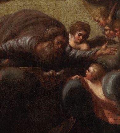 Zdjęcie nr 6: Obraz w kształcie stojącego prostokąta. Kompozycja dwustrefowa, w dolnej części z prawej strony ukazana jest Maria klęcząca na klęczniku, odwrócona do tyłu w stronę nadlatującego anioła. Maria lewą ręką opiera się o klęcznik, a prawą przyciska do piersi. Głowa ukazana z lewego profilu, skłoniona delikatnie w dół. Twarz o wyraźnie zaznaczonym podbródku z wydatnymi ustami, długim nosem i przymkniętymi oczami; włosy jasnobrązowe schowane pod welonem. Maria ubrana jest w czerwoną suknię oraz zarzucony na ramiona jasnoniebieski płaszcz, na głowie ma brązowy welon. Z lewej strony obrazu przedstawiony jest nadlatujący archanioł Gabriel, klęczący na obłokach i zwrócony trzy czwarte w lewo, pochylony w ukłonie przed Matką Boską. Ubrany jest w długą i żółtą tunikę oraz czerwony płaszcz. Pomiędzy Matką Boską, a archaniołem ustawione jest siedzisko, na którym leży skrzyneczka, przykryta białą tkaniną. W górnej strefie obrazu wyłania się z obłoków Bóg Ojciec z rozłożonymi szeroko na boki rękami, otoczony przez grupy aniołków. Twarz o rysach starszego mężczyzny, okolona bujną i siwą brodą. Ubrany jest w szarą suknię i ciemnoszary płaszcz. Tło obrazu ciemne, po prawej stronie zielona kotara. Rama szeroka, złocona, od wewnątrz fakturowana i zdobiona liśćmi stylizowanego akantu, od zewnątrz dekorowana liśćmi wawrzynu. Na odwrociu przyklejona karteczka z nadrukiem „Ze zbiorów księdza Jana kniazia z Kozielska Puzyny księcia biskupa krakowskiego, no 153”.
