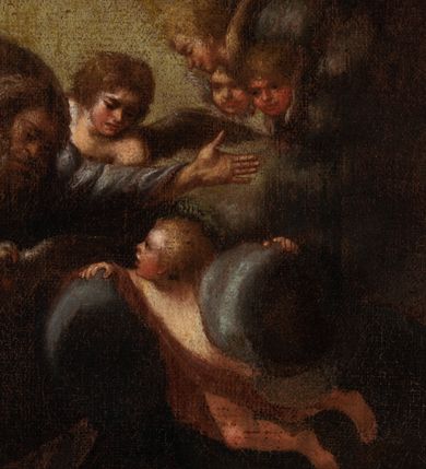 Zdjęcie nr 9: Obraz w kształcie stojącego prostokąta. Kompozycja dwustrefowa, w dolnej części z prawej strony ukazana jest Maria klęcząca na klęczniku, odwrócona do tyłu w stronę nadlatującego anioła. Maria lewą ręką opiera się o klęcznik, a prawą przyciska do piersi. Głowa ukazana z lewego profilu, skłoniona delikatnie w dół. Twarz o wyraźnie zaznaczonym podbródku z wydatnymi ustami, długim nosem i przymkniętymi oczami; włosy jasnobrązowe schowane pod welonem. Maria ubrana jest w czerwoną suknię oraz zarzucony na ramiona jasnoniebieski płaszcz, na głowie ma brązowy welon. Z lewej strony obrazu przedstawiony jest nadlatujący archanioł Gabriel, klęczący na obłokach i zwrócony trzy czwarte w lewo, pochylony w ukłonie przed Matką Boską. Ubrany jest w długą i żółtą tunikę oraz czerwony płaszcz. Pomiędzy Matką Boską, a archaniołem ustawione jest siedzisko, na którym leży skrzyneczka, przykryta białą tkaniną. W górnej strefie obrazu wyłania się z obłoków Bóg Ojciec z rozłożonymi szeroko na boki rękami, otoczony przez grupy aniołków. Twarz o rysach starszego mężczyzny, okolona bujną i siwą brodą. Ubrany jest w szarą suknię i ciemnoszary płaszcz. Tło obrazu ciemne, po prawej stronie zielona kotara. Rama szeroka, złocona, od wewnątrz fakturowana i zdobiona liśćmi stylizowanego akantu, od zewnątrz dekorowana liśćmi wawrzynu. Na odwrociu przyklejona karteczka z nadrukiem „Ze zbiorów księdza Jana kniazia z Kozielska Puzyny księcia biskupa krakowskiego, no 153”.
