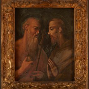 Zdjęcie nr 1: Obraz w formie stojącego prostokąta. W centrum półpostacie  św. Hieronima i św. Franciszka, zwrócone ku sobie. W lewej części obrazu św. Hieronim, skierowany w trzech czwartych w lewo, w prawej ręce trzyma kamień, którym uderza się w pierś, w lewej ma krucyfiks. Twarz ma pociągłą, szczupłą, o półprzymkniętych oczach, krótkim nosie i pełnych ustach; okoloną długą, siwą brodą oraz krótkimi włosami z łysiną na głowie, nad nią aureola. Jego nagi tors przesłonięty jest blado czerwonym płaszczem przewiązanym diagonalnie przez lewe ramię. W prawej części obrazu św. Franciszek zwrócony w trzech czwartych w prawo, z rękoma złożonymi w geście modlitwy. Twarz ma pociągłą, szczupłą, o półprzymkniętych oczach, długim nosie i pełnych ustach; okoloną krótką, brązową brodą oraz krótkimi włosami z tonsurą na głowie, nad nią aureola. Ubrany jest w brązowy habit z kapturem. Postacie ukazane na ciemnobrązowym, jednolitym tle. Obraz ujęty szeroką, złoconą ramą, dekorowaną motywem wieńca laurowego oraz czterech palmet w narożach. Na odwrocie obrazu napisy: „Jac[...] Luino”, „maicheza Campana”, „72 I[...]RS.” oraz kartka z napisem „ZE ZBIORÓW / KSIĘDZA Jana Kniazia z Kozielska / PUZYNY / KSIĘCIA-BISKUPA KRAKOWSKIEGO / No 69”. 