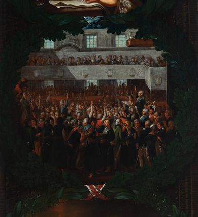 Zdjęcie nr 7: Na dole obrazu napis: "Stanisław August - ostatni z Dynastyi i elekcyi: Król Pols: W. X: Lit: / Od Pawła I Cesarza wszech Rossyi / pogrzebem w Peterzburgu pożałowany. / dnia 22. Lutego R. 1798"