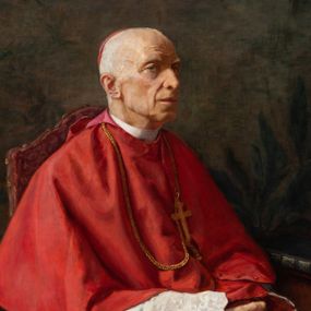 Zdjęcie nr 1: Portret siedzącego w fotelu Jana Puzyny, w stroju kardynalskim, z rękami złożonymi na kolanach. W lewym dolnym rogu sygnatura:  "Kazi[imierz] Pochwalski".

