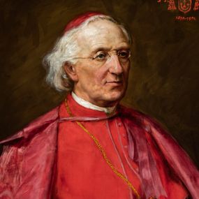 Zdjęcie nr 1: Obraz w kształcie stojącego prostokąta z postacią ujętego do kolan, siedzącego kardynała na nieokreślonym tle. Duchowny spogląda przed siebie, ma wysokie czoło, małe oczy, okulary, duzy nos i wąskie usta. Jest ubrany w czerwoną sutannę przewiązaną szerokim pasem i pelerynkę, na głowie ma piuskę, na szyi zawieszony krzyż pektoralny. W prawym górnym rogu herb duchownego otoczony inskrypcją „A(lbin) D(unajewski) / 1879-1894”. 