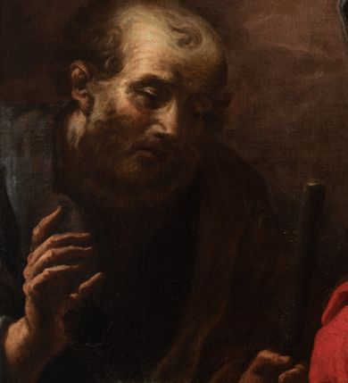 Zdjęcie nr 6: Obraz w kształcie ośmioboku z przedstawieniem sceny Adoracji Dzieciątka Jezus. W dole kompozycji w żłóbku leży Chrystus, nad którym stoi Maria, a za nimi św. Józef. Jezus leży nagi na białej tkaninie ułożonej na słomie, lewą rękę zbliża do twarzy, prawą trzyma przy boku, ma małą głowę, wokół niej świetlisty nimb. Spogląda na Marię, która również patrzy na niego, ręce składa do modlitwy, ma pociągłą, delikatną twarz o dużym nosie i małych ustach. Jest ubrana w czerwoną suknię z szarym wykończeniem na dekolcie i granatowy maforion. Święty Józef stoi w cieniu, patrzy na Dzieciątko, unosi prawą rękę, a w lewej trzyma kij. Ma podłużną twarz o ostrym nosie i małych ustach, łysinę i ciemny zarost. Ponad grupą otwiera się jaśniejące niebo i widać uskrzydlone główki aniołków. Z prawej strony kompozycji fragment kolumny.  