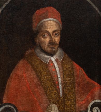 Zdjęcie nr 1: Obraz w kształcie stojącego prostokąta z wizerunkiem papieża Innocentego XI ukazanego w półpostaci, zwróconego w trzech czwartych w lewo, ubranego w mucet i stułę oraz camauro na głowie. Papież na podłuzna twarz o strych rysach, ciemne oczy, wąski nos i usta; wąski i bródkę. Postać  została ujęta owalna ramą w dole której ujęte kartuszem jego herb papieski i inskrypcja „INNOCENTIVS. VNDECIMVS. PONT(IFEX) MAX(IMUS) INSIGNIS BENEFACT[O]R ORDINIS. S(ANCTI) P(AULI) B(ENEDI)CTI.”